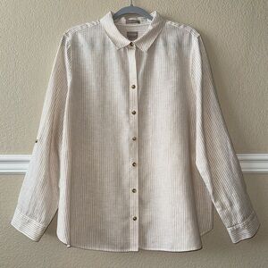 Chico’s 100% Linen No Iron Striped Button Down Long Sleeve Collared Shirt XL